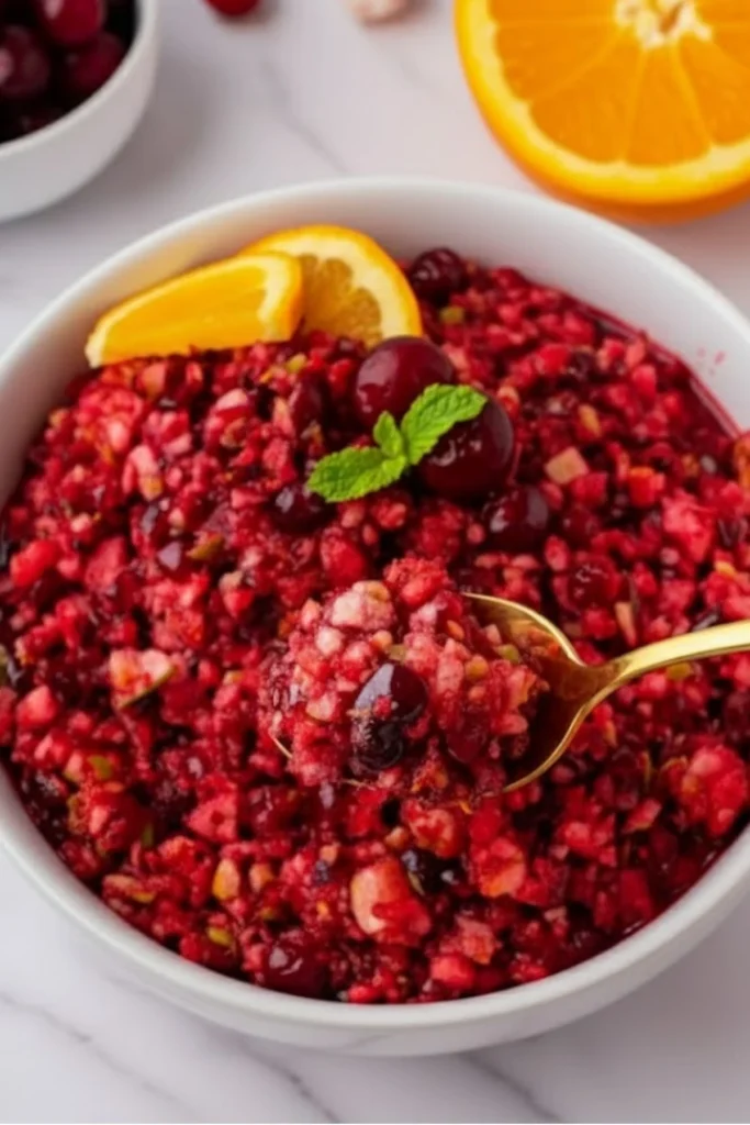 Fresh cranberry relish with oranges and cherries in a white bowl