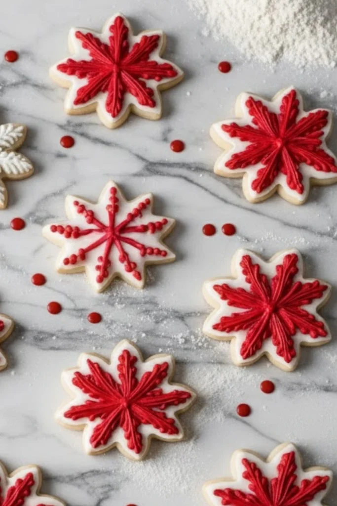 snowflake cut out sugar cookies with red icing on marble surface