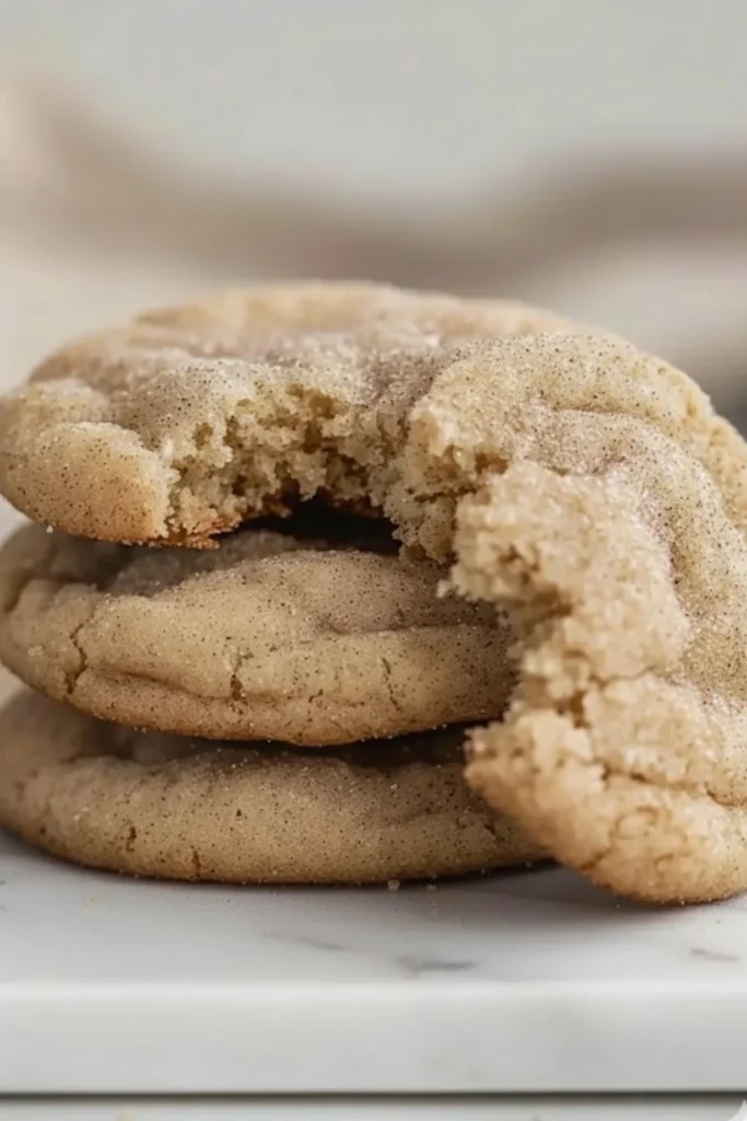 Chewy cinnamon sugar cookies stacked with one cookie broken to show soft center