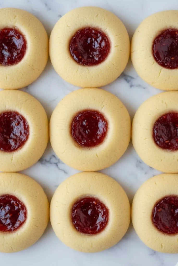 raspberry shortbread thumbprint cookies arranged in neat rows with buttery dough and glossy raspberry jam centers on a marble background