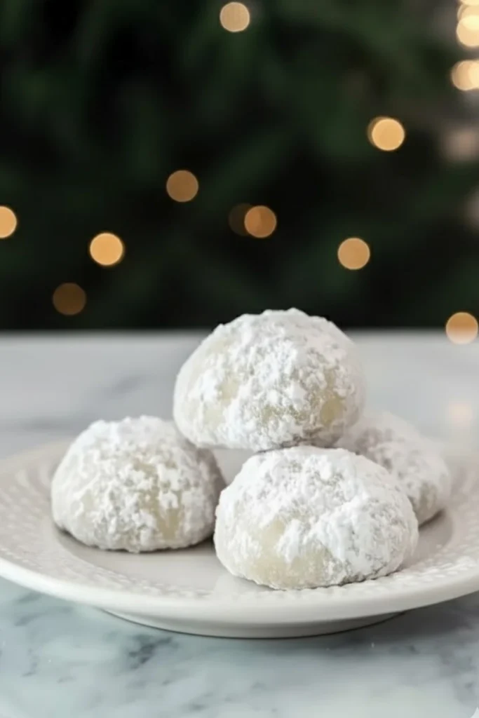 Christmas snowball cookies coated in powdered sugar on a white plate with holiday lights in the background
