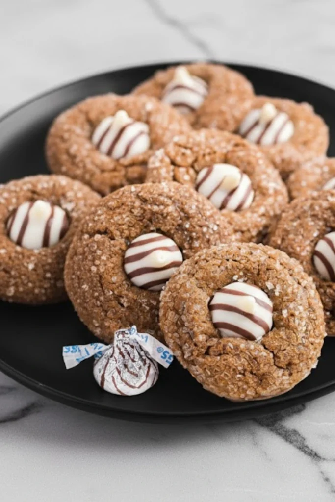 Christmas Kitchen Sink Cookies with gingerbread flavor topped with striped Hershey’s Kisses on a black plate