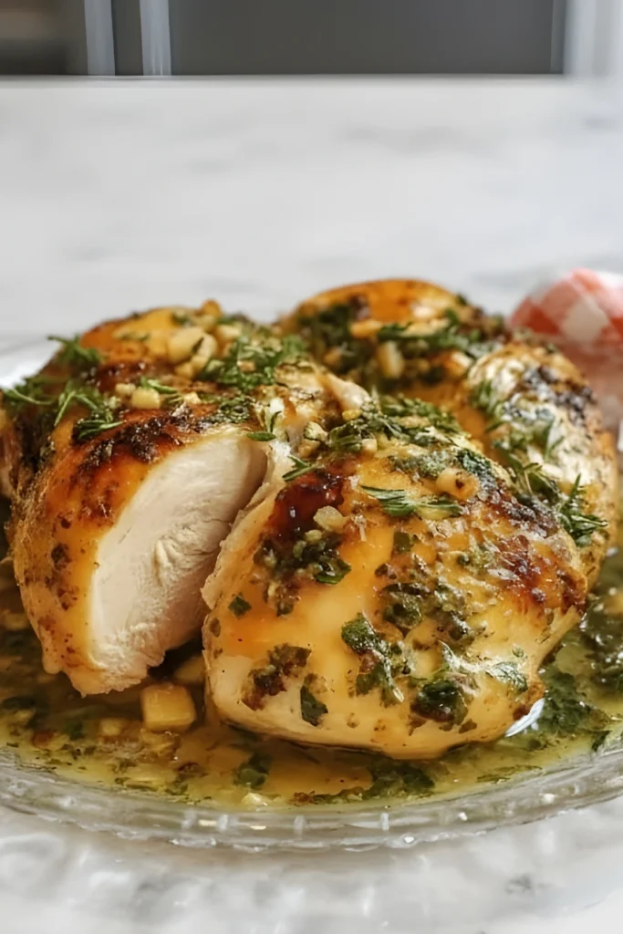 Juicy roasted chicken with garlic herb butter close-up showing tender slices coated in melted butter, herbs, and garlic sauce on a glass plate.