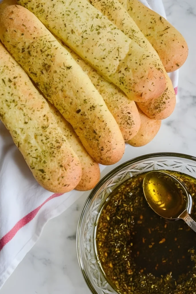 Keto Italian garlic breadsticks sprinkled with herbs beside a bowl of garlic butter sauce on marble countertop.