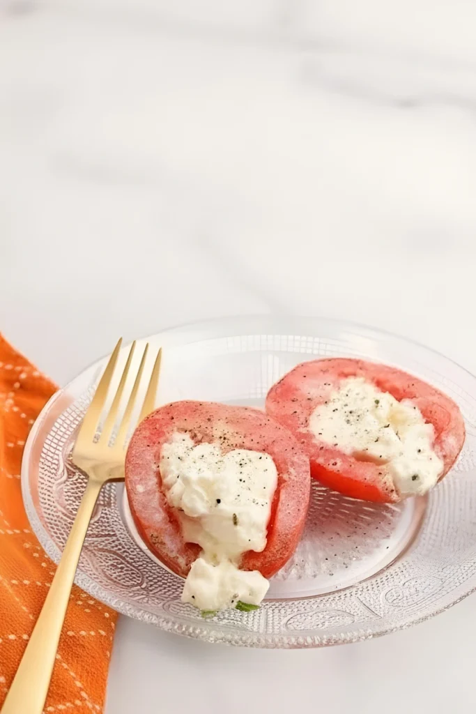 Close-up of Tomato Burrata Bites served on a glass plate, halved to reveal creamy burrata filling, seasoned with black pepper beside a gold fork.