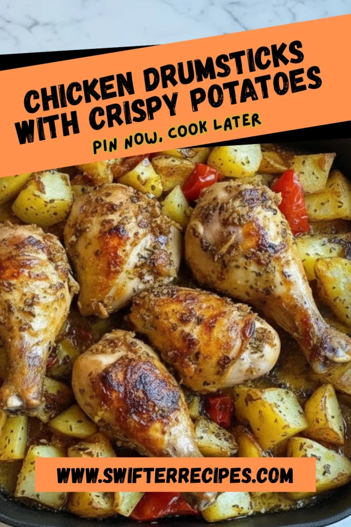 Golden-baked chicken drumsticks with crispy potatoes and red peppers in a pan, topped with herbs and garlic. Text overlay reads “Pin Now, Cook Later” from Swifter Recipes.