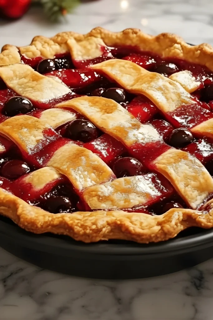 Close-up of a homemade Best Christmas Cherry Pie with a golden flaky lattice crust and glossy tart cherry filling on a marble background