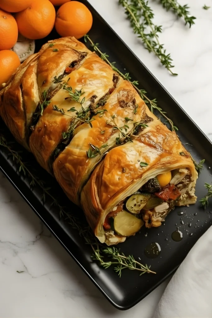 Golden puff pastry Holiday Veggie Wellington Roast filled with colorful roasted vegetables and herbs, served on a black tray with fresh thyme garnish.