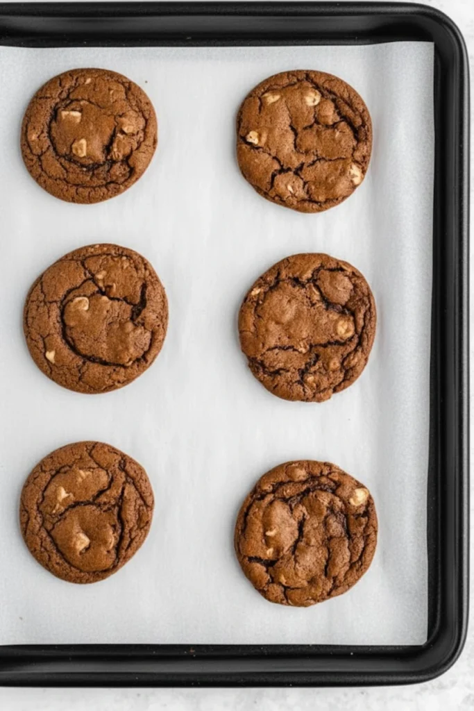 Six freshly baked gingerbread oatmeal cookies cooling on a parchment-lined baking sheet, soft, chewy, and ready to be filled with vanilla cream.