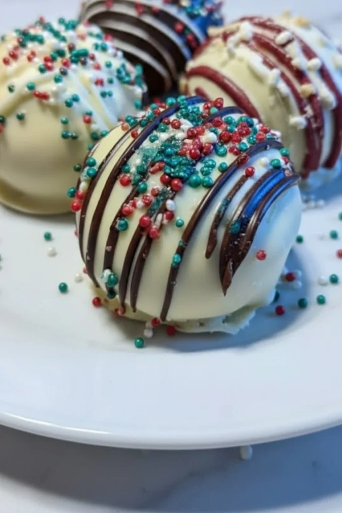 Christmas Oreo Balls coated in white chocolate and drizzled with dark chocolate, topped with red and green sprinkles on a white plate