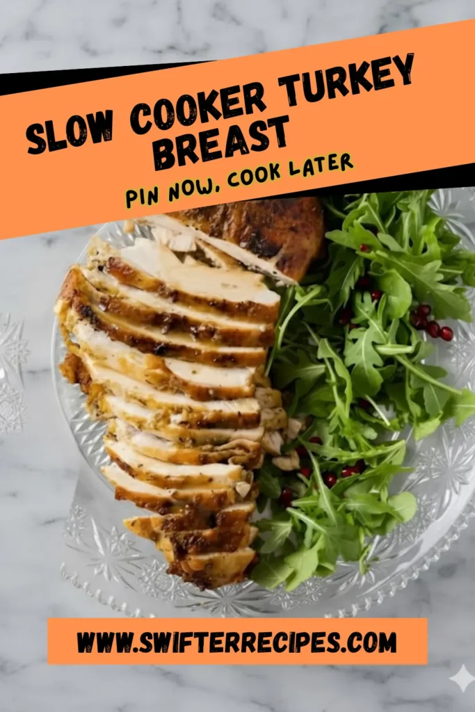 Slow Cooker Turkey Breast sliced on a glass platter with fresh arugula and pomegranate, text overlay reads Pin Now Cook Later from Swifter Recipes.