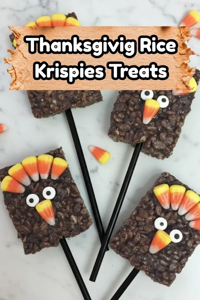 thanksgiving rice krispies treat turkey pops made with chocolate cereal candy corn and googly eyes on sticks festive no bake dessert
