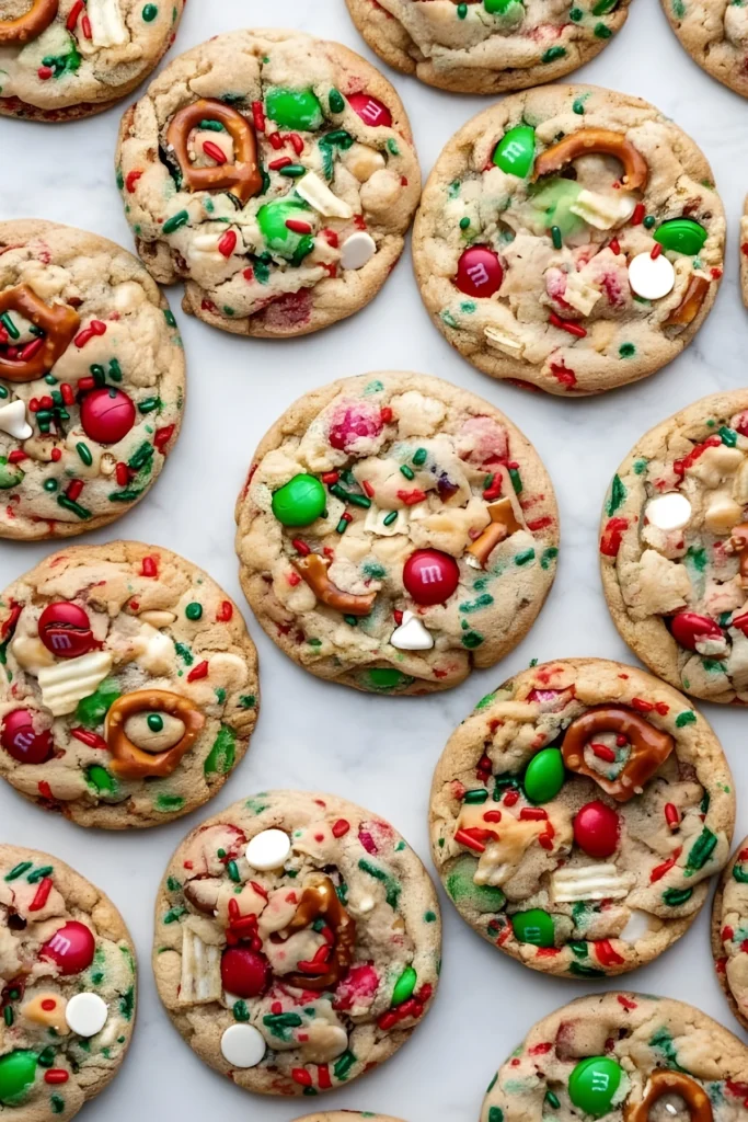 Christmas Kitchen Sink Cookies with Pretzels, M&Ms, Sprinkles, and White Chocolate Chips on a Marble Background
