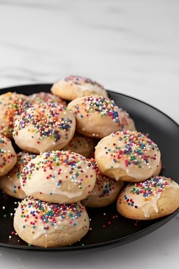 Italian Ricotta Cookies topped with almond glaze and colorful sprinkles on a black plate.