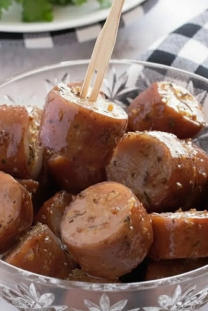 Chicken apple sausage bites coated in maple mustard glaze served in a glass bowl