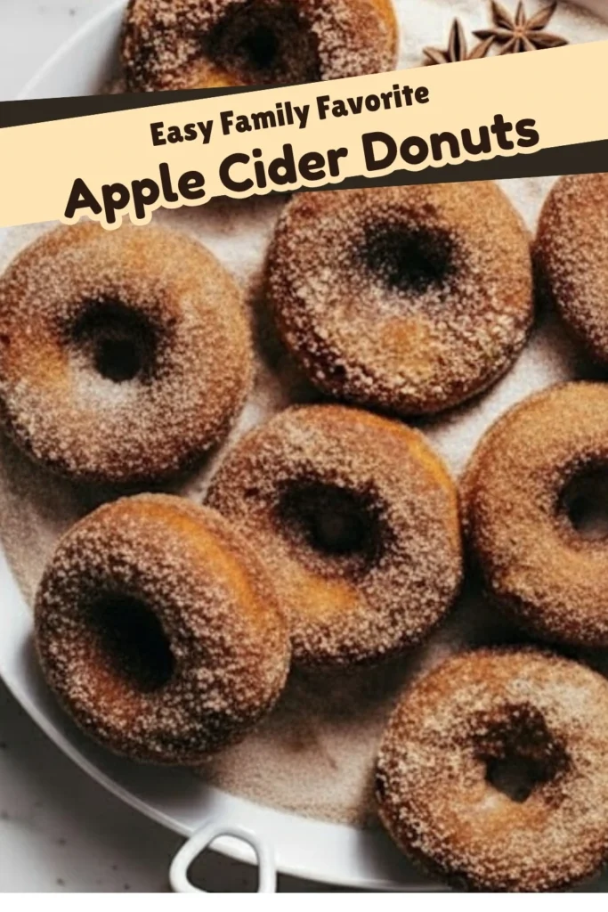 Golden brown apple cider donuts coated in cinnamon sugar on a white plate, with a text overlay reading “Easy Family Favorite Apple Cider Donuts.”