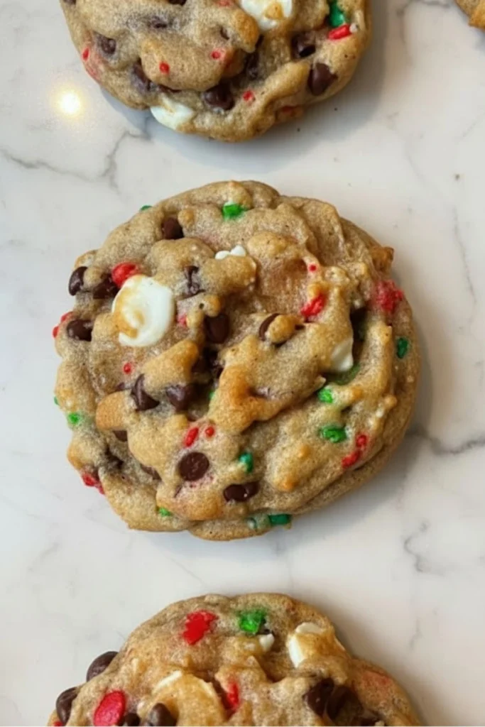 Close-up of soft Christmas chocolate chip cookies with red and green sprinkles and white and dark chocolate chips on a white marble surface.