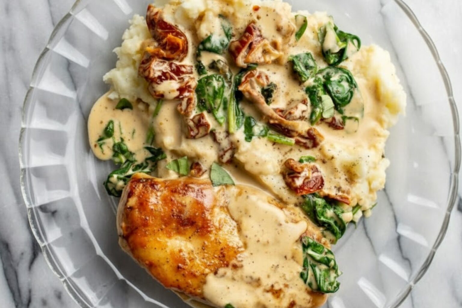 Creamy Tuscan Chicken served with spinach, sun-dried tomatoes, and mashed potatoes in a rich garlic Parmesan sauce.