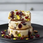 Cranberry pistachio shortbread cookies stacked on a black plate with dried cranberries and pistachios scattered around.