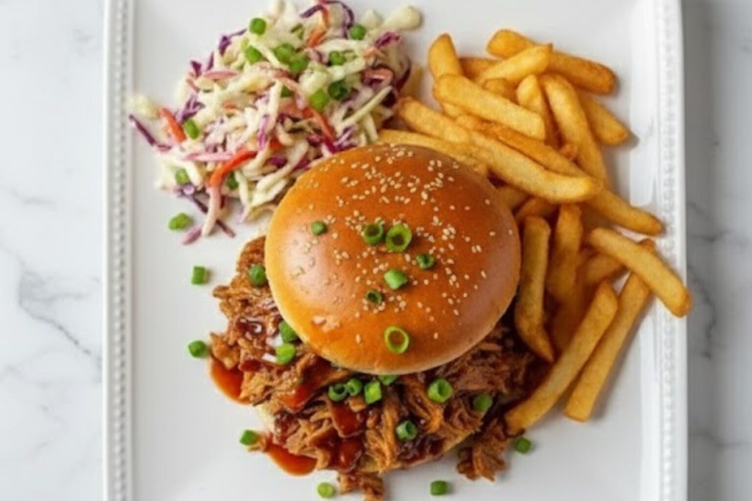 Slow Cooker Honey Garlic Pulled Pork sandwich served with crispy fries and creamy coleslaw on a white plate