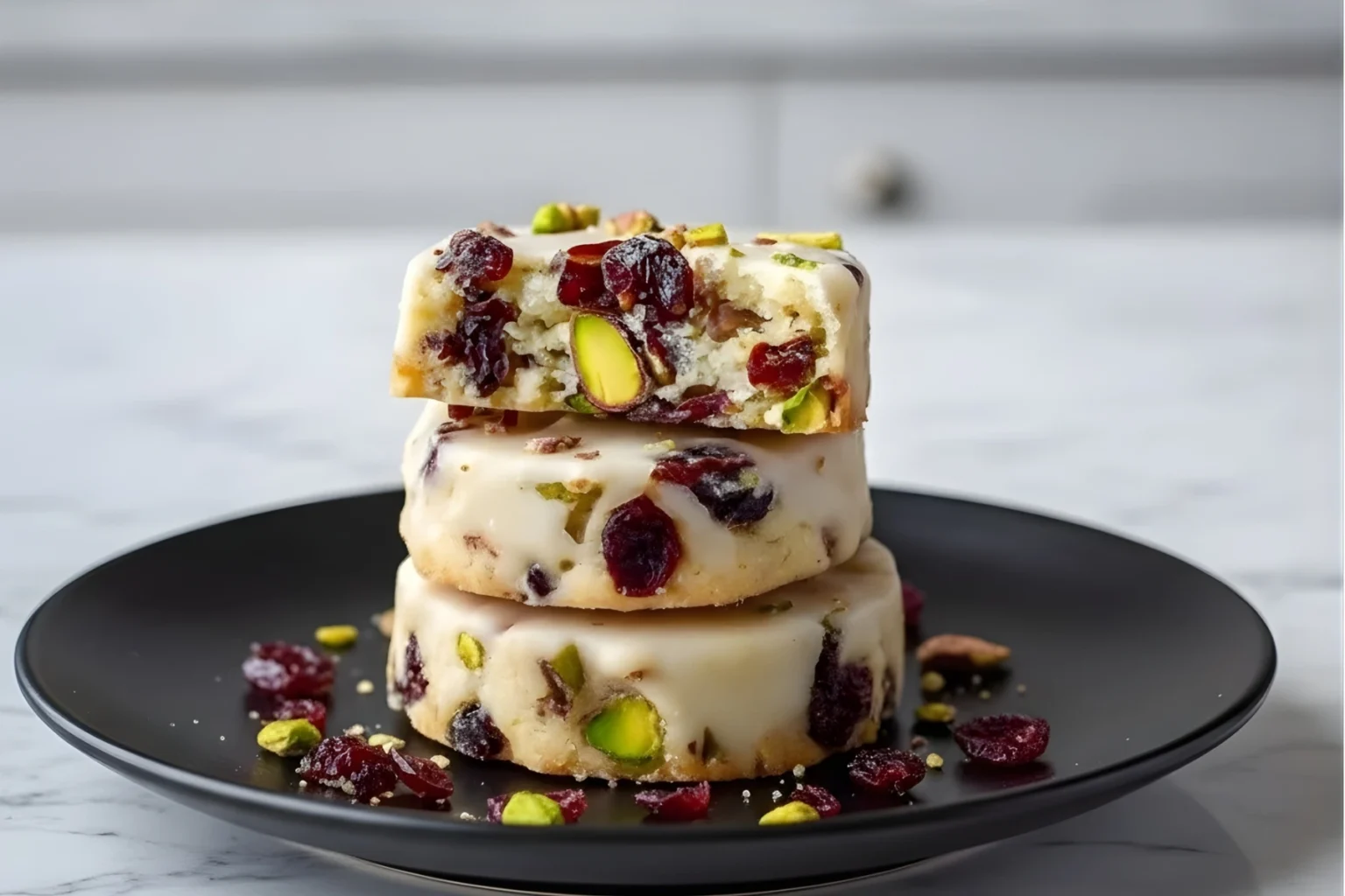 Cranberry pistachio shortbread cookies stacked on a black plate with dried cranberries and pistachios scattered around.