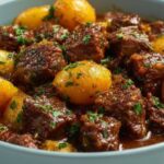 Slow Cooker Garlic Butter Beef with tender beef chunks and golden baby potatoes simmered in rich garlic butter sauce, garnished with parsley.