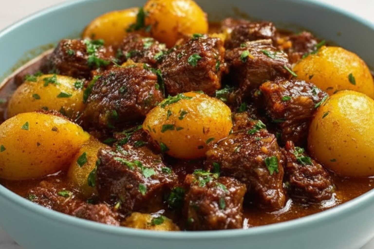 Slow Cooker Garlic Butter Beef with tender beef chunks and golden baby potatoes simmered in rich garlic butter sauce, garnished with parsley.