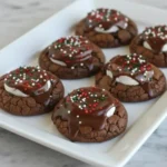 Hot cocoa cookies with marshmallow centers and chocolate icing topped with holiday sprinkles on a white platter.