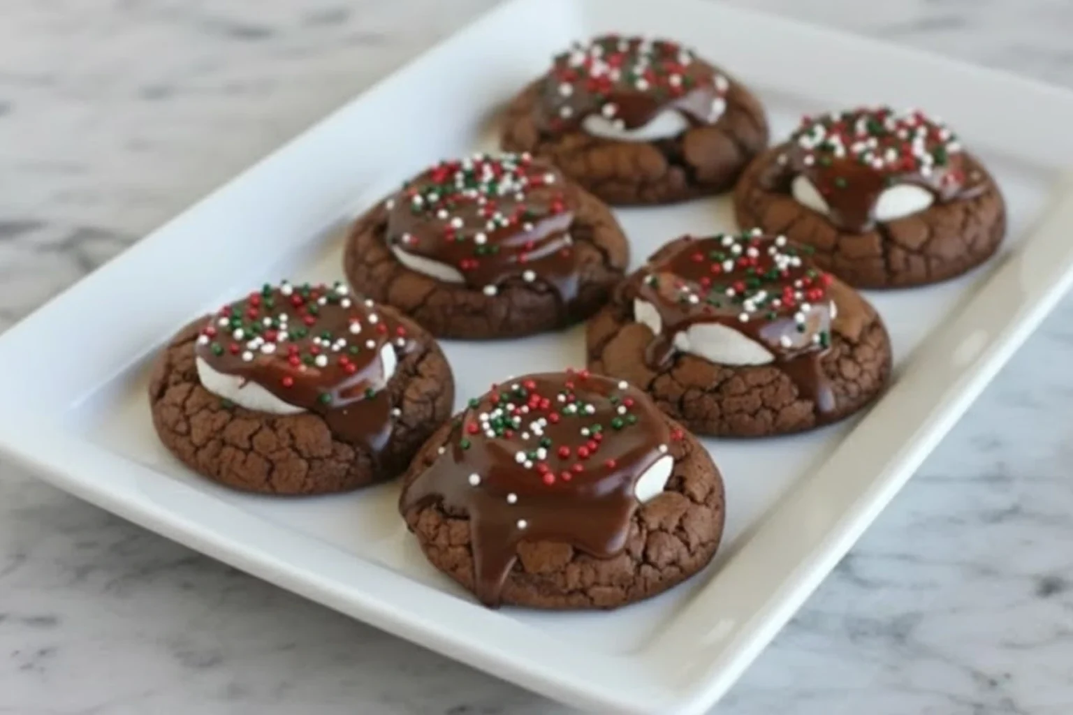 Hot cocoa cookies with marshmallow centers and chocolate icing topped with holiday sprinkles on a white platter.