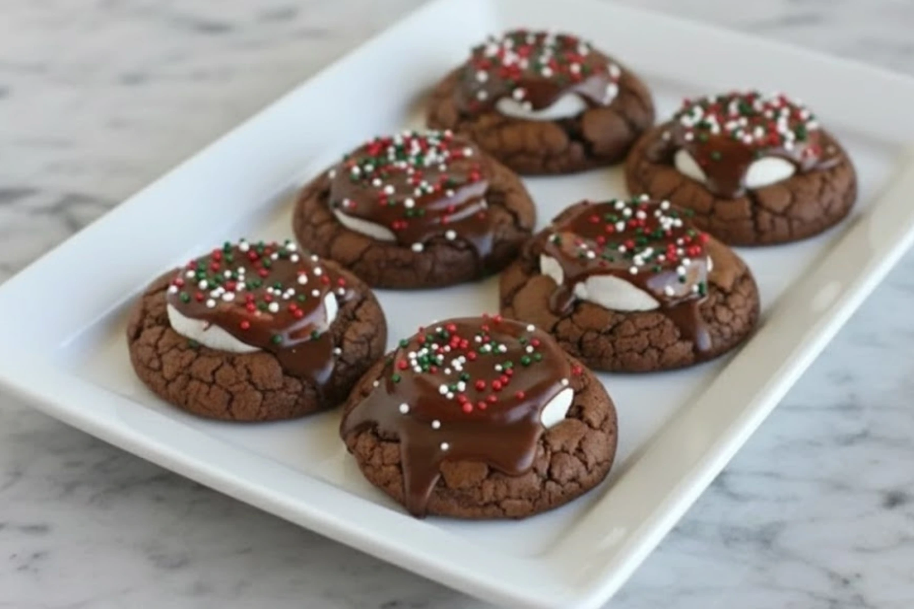 Hot cocoa cookies with marshmallow centers and chocolate icing topped with holiday sprinkles on a white platter.