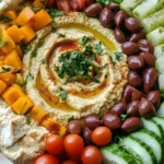 Greek hummus platter with creamy hummus topped with olive oil and parsley, surrounded by olives, cucumbers, tomatoes, cheese, and peppers.