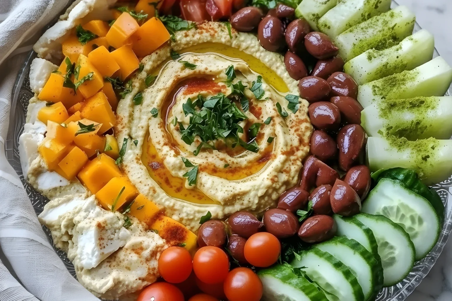 Greek hummus platter with creamy hummus topped with olive oil and parsley, surrounded by olives, cucumbers, tomatoes, cheese, and peppers.