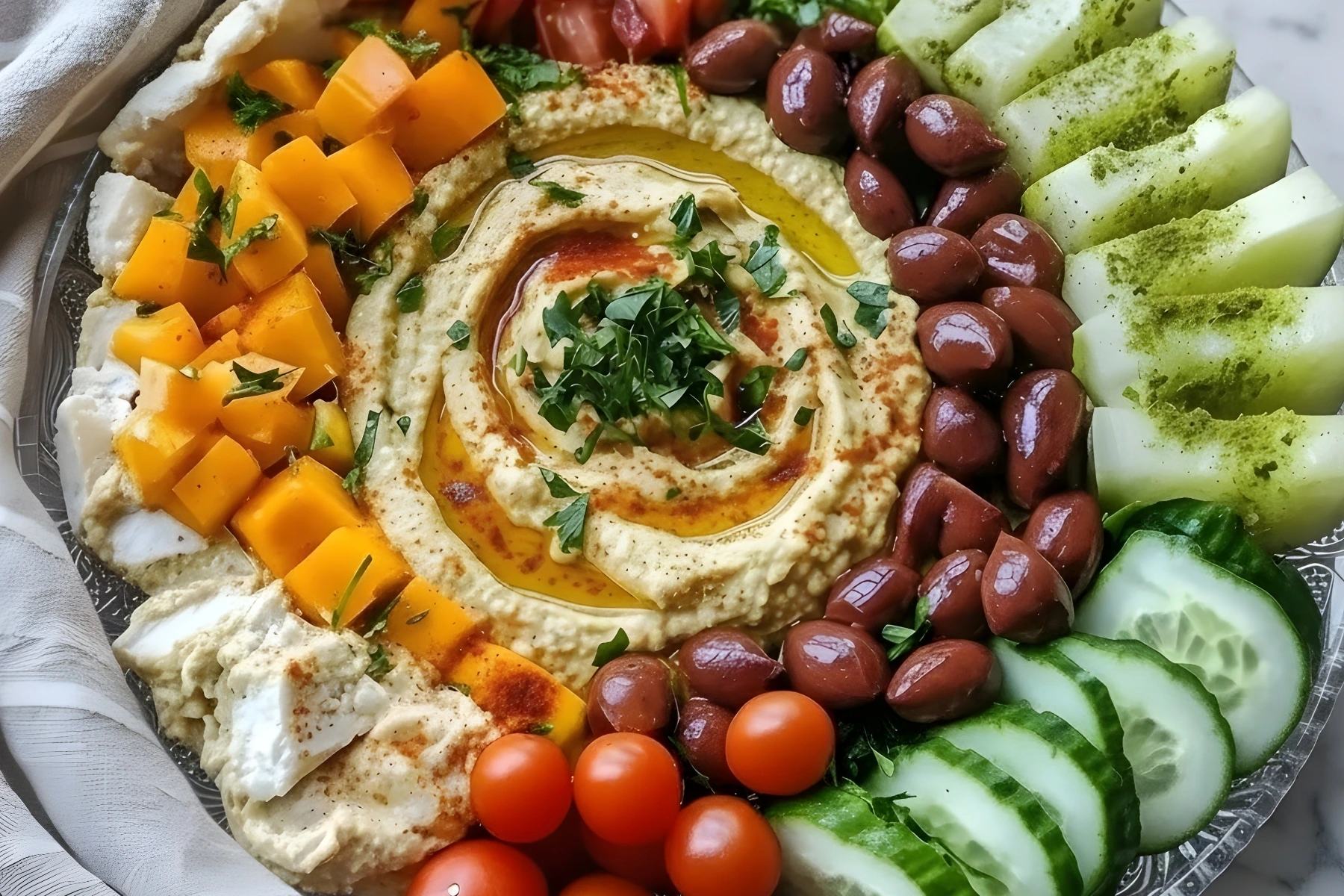 Greek hummus platter with creamy hummus topped with olive oil and parsley, surrounded by olives, cucumbers, tomatoes, cheese, and peppers.