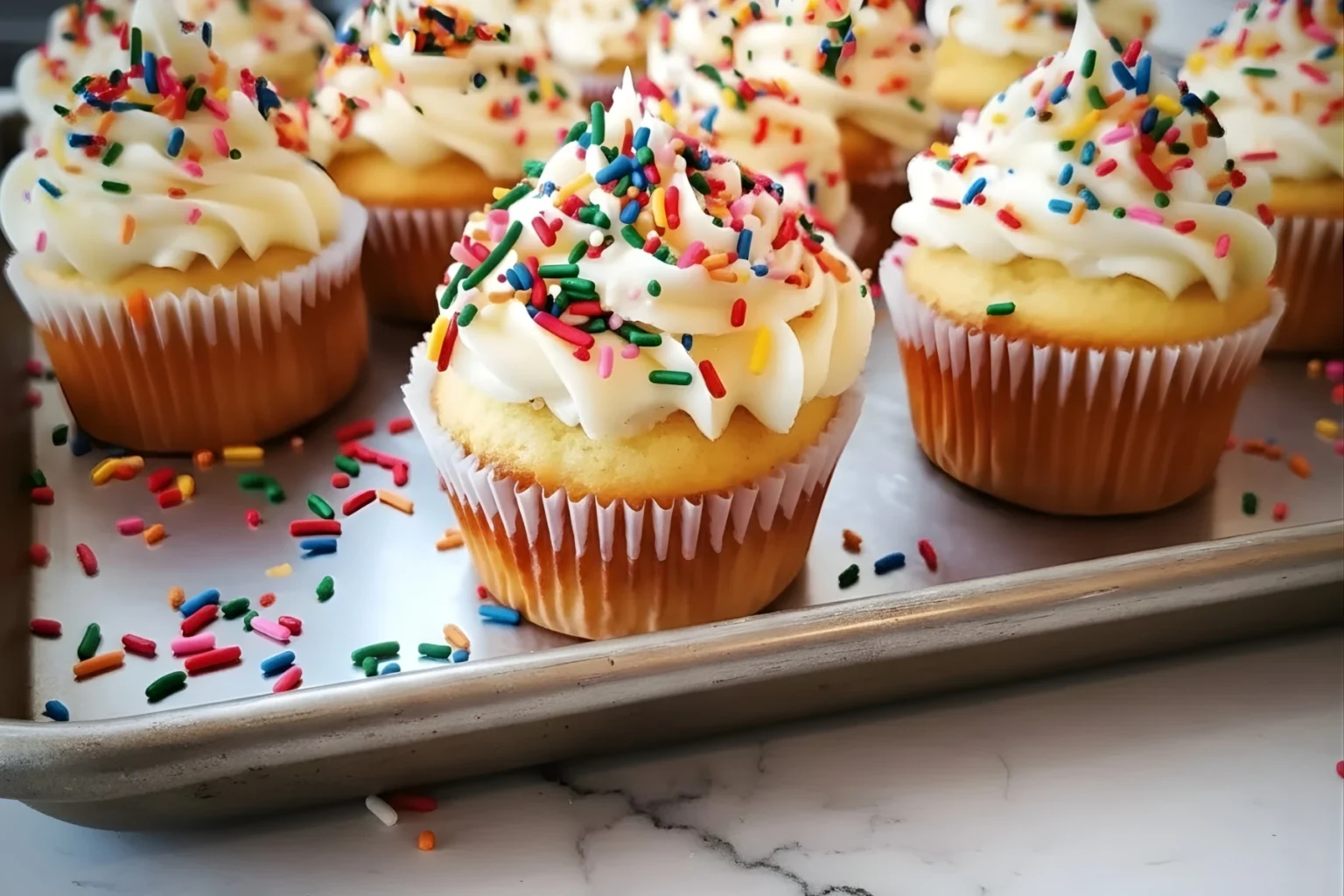 Holiday sprinkle cupcakes topped with vanilla buttercream frosting and colorful sprinkles on a baking tray, perfect for festive celebrations.