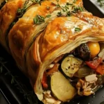 Golden-brown Holiday Veggie Wellington Roast filled with colorful roasted vegetables and wrapped in flaky puff pastry, served with fresh herbs.