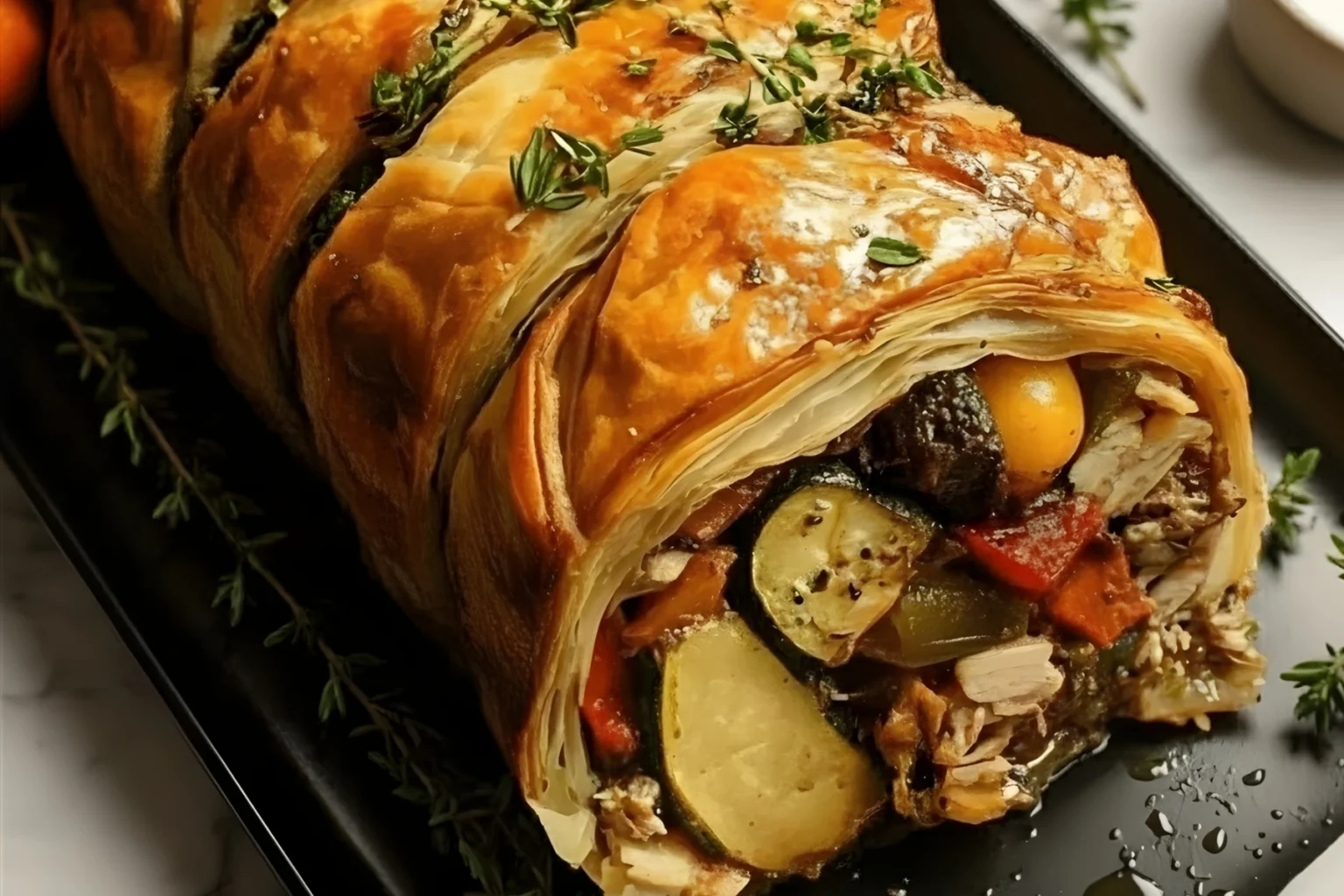 Golden-brown Holiday Veggie Wellington Roast filled with colorful roasted vegetables and wrapped in flaky puff pastry, served with fresh herbs.