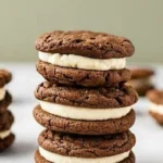 Soft and chewy gingerbread oatmeal cream pies stacked on a white surface, filled with thick vanilla frosting and perfect for holiday baking.