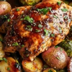Slow Cooker Balsamic Chicken with roasted Brussels sprouts and baby red potatoes coated in a glossy balsamic glaze and garnished with parsley.
