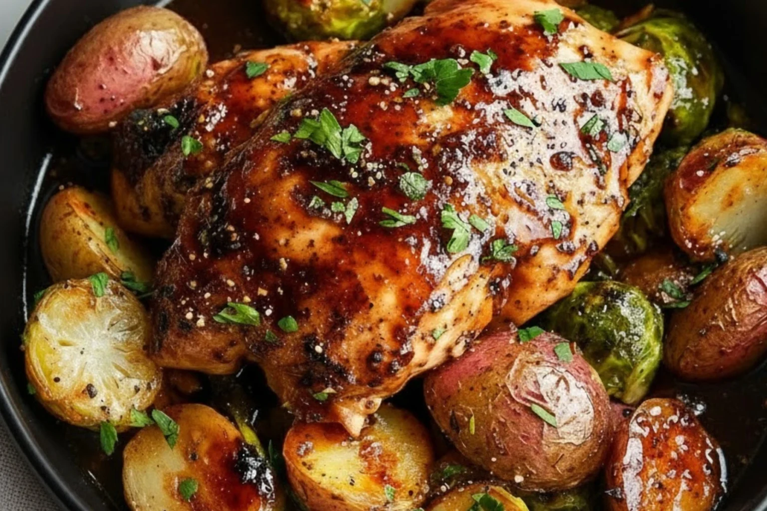 Slow Cooker Balsamic Chicken with roasted Brussels sprouts and baby red potatoes coated in a glossy balsamic glaze and garnished with parsley.