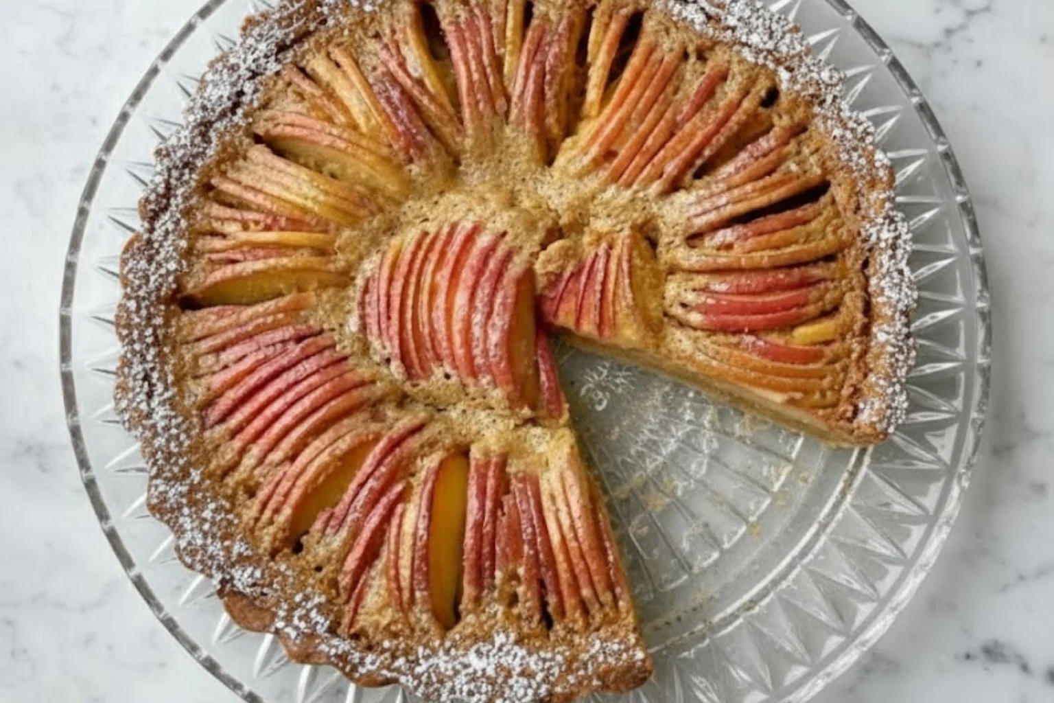 Caramel Apple Tart with thinly sliced apples arranged in a spiral pattern on a golden crust, dusted with powdered sugar on a glass plate.