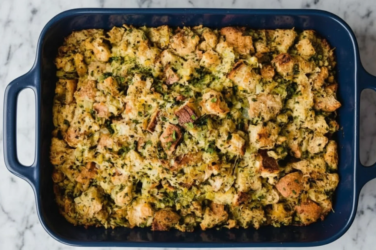 Golden baked herb stuffing for Thanksgiving in a blue casserole dish with crisp bread cubes, fresh herbs, and buttery texture.