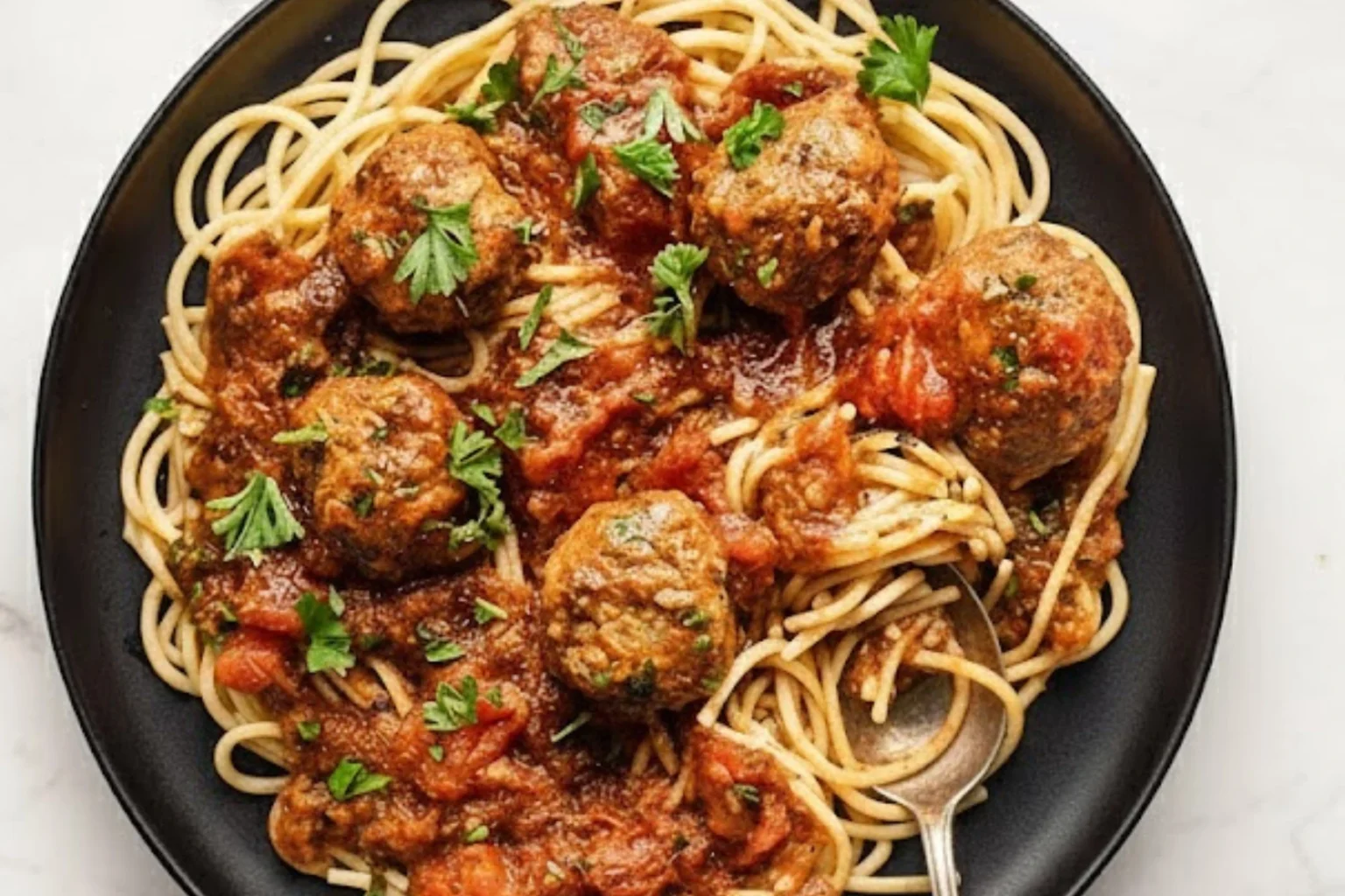 Slow Cooker Turkey Meatballs with Marinara over Spaghetti
