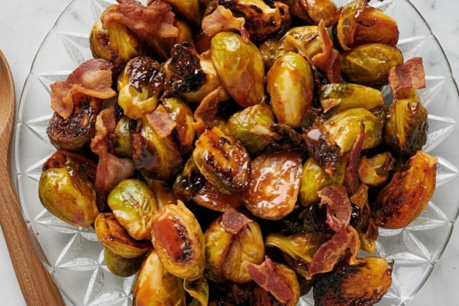 Roasted Brussels sprouts with crispy bacon and a glossy caramelized glaze served on a clear glass plate.