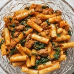 Italian sausage rigatoni pasta with spinach and creamy tomato sauce served in a glass bowl on a marble surface.