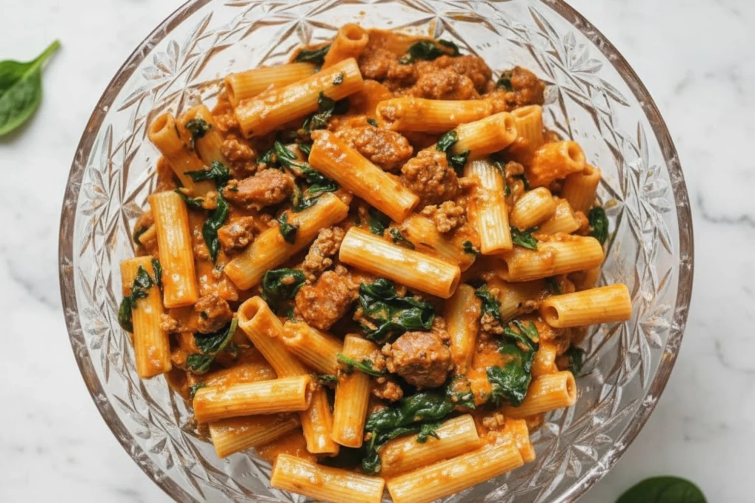 Italian sausage rigatoni pasta with spinach and creamy tomato sauce served in a glass bowl on a marble surface.