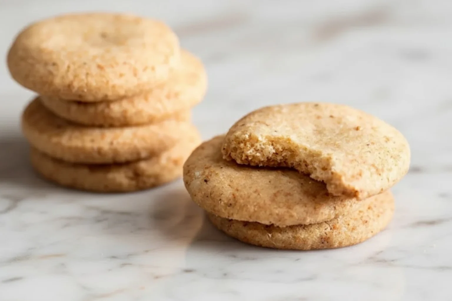 Brown butter shortbread cookies stacked on a marble surface with one cookie showing a bite.