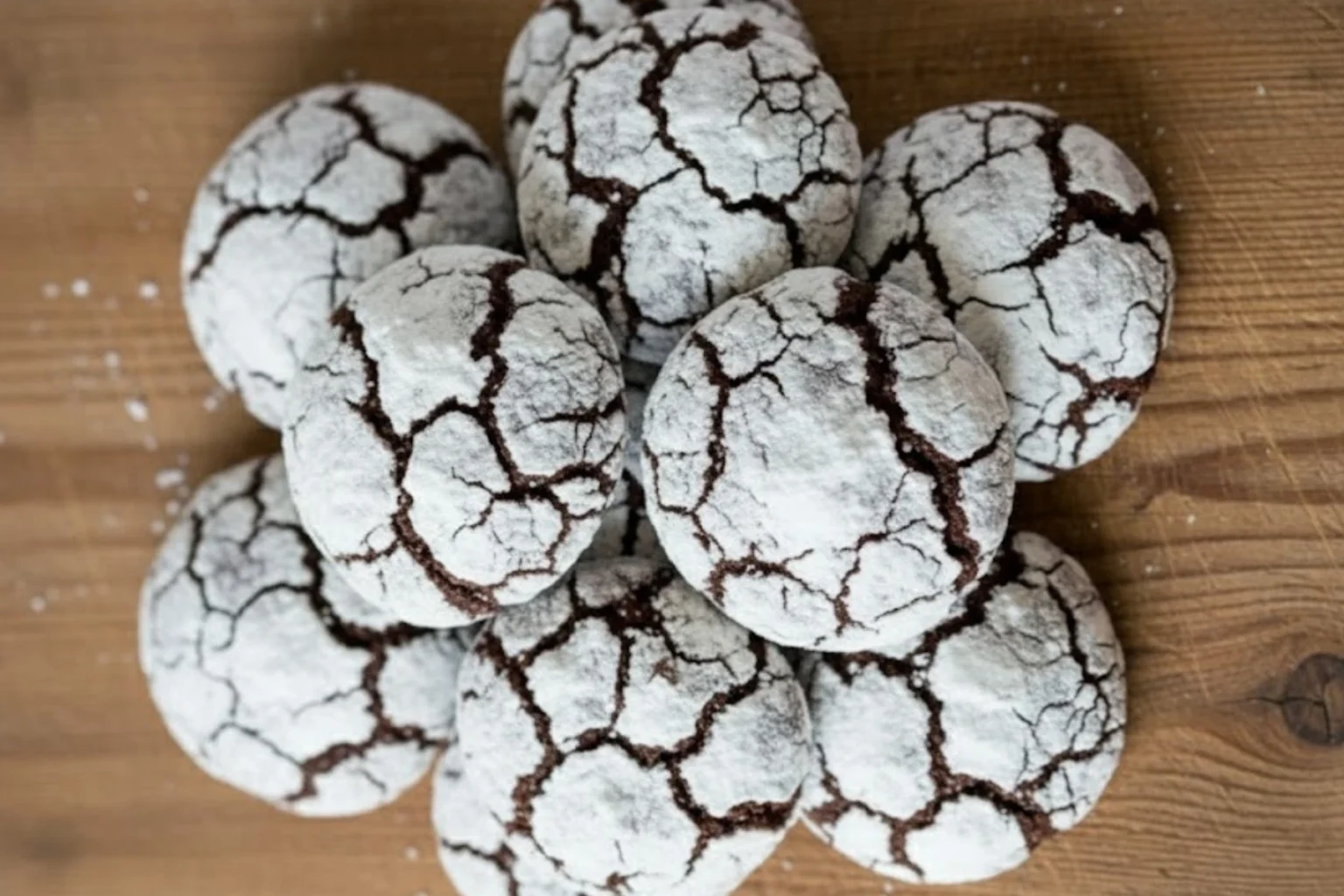Chewy chocolate crinkle cookies coated in powdered sugar with classic crackled tops on a wooden surface