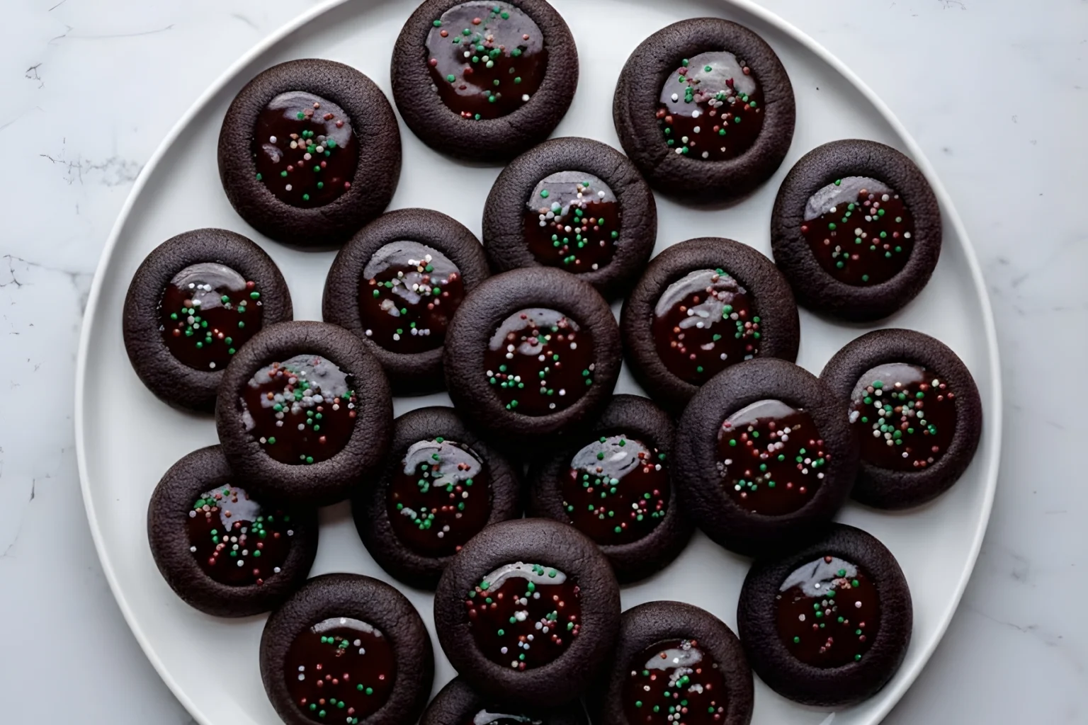Plate of chocolate holiday cookies with glossy centers and sprinkles