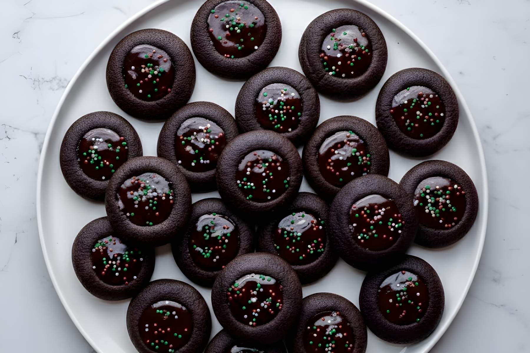 Plate of chocolate holiday cookies with glossy centers and sprinkles