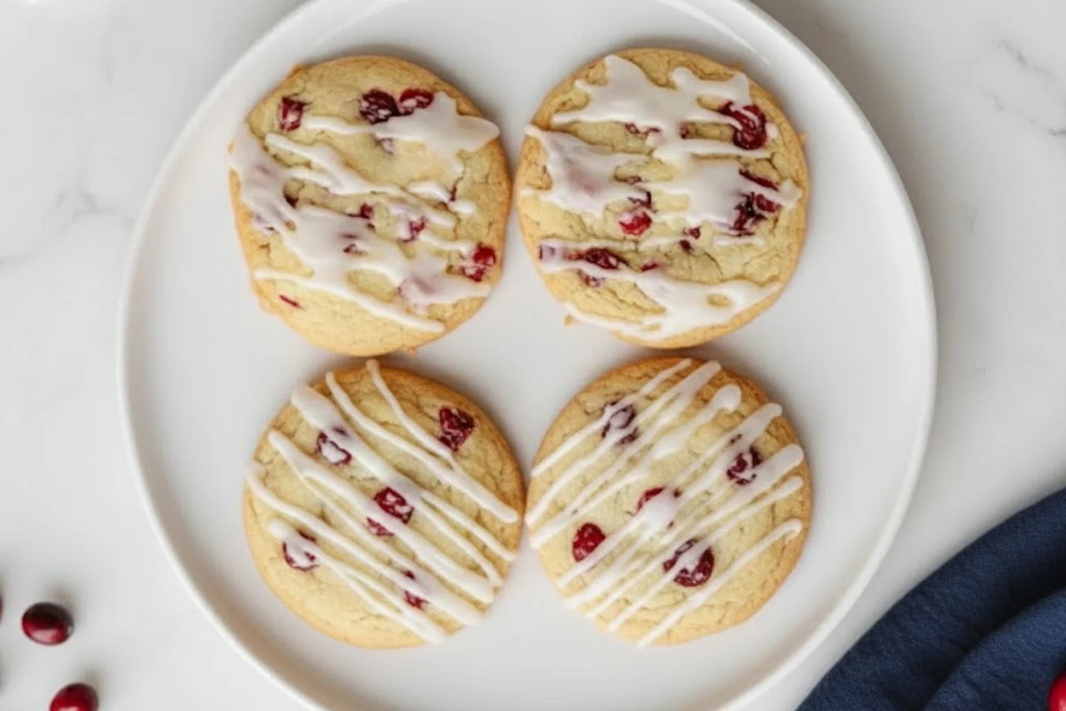 Orange cranberry cookies with icing drizzled on top arranged on a white plate